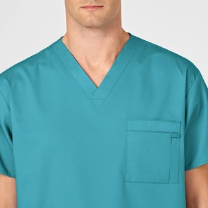 Men's Teal V-Neck <b>Scrub</b> <b>Top</b> With Three Pockets Hospital Uniform Cotton Polyester Woven Fabric - Product Image 5