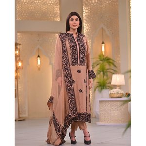 DESIGNER CHINON EMBROIDERY SEQUENCE WORK <b>TOP</b> BOTTOM WITH DUPATTA <b>PEACH</b> - Product Image 1