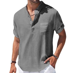 Chemise décontractée pour homme en lin et coton à manches courtes et col en V, respirante, coupe classique, couleur unie, tissu tissé - Product Image 5