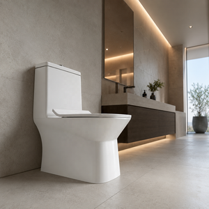 WC monobloc contemporain allongé, à poser au sol, à double chasse (S-Trap/P-Trap), facile à nettoyer, en céramique vitrifiée pour salle de bain - Product Image 3