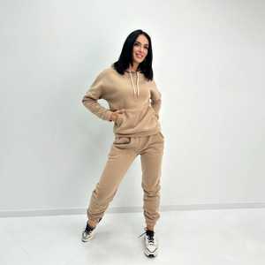 Ensemble de survêtement décontracté pour femme, beige, à capuche, manches longues, couleur unie, avec poches latérales et taille élastique, idéal pour l'automne - Product Image 1