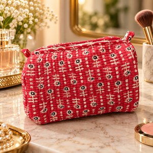 Handmade Style Red Floral Cotton Quilted Makeup <b>Bag</b> Wholesale Travel Cosmetic Pouch Zipper <b>Toiletry</b> Organizer for <b>Women</b> - Product Image 4