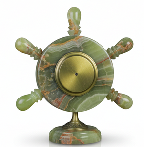 Handcrafted Green Onyx Ship's Wheel Clock - Nautical Natural Stone <b>Desk</b> <b>Ornament</b> with Brass Accents for Luxury Office Decor - Product Image 4