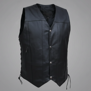 <b>Men</b>’s Motorcycle Riding Leather Vest Durable Black Biker Waistcoat with Side Laces & <b>Utility</b> Storage Quick Shipping - Product Image 1