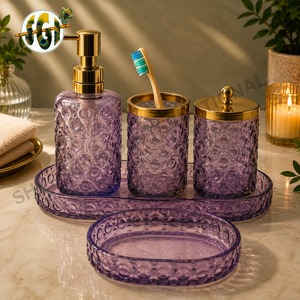 Luxury Five-piece Amber Glass <b>Bathroom</b> <b>Accessories</b> <b>Set</b> Gold Finish Durable Soap Dispenser Toothbrush Holder Storage Jar - Product Image 4