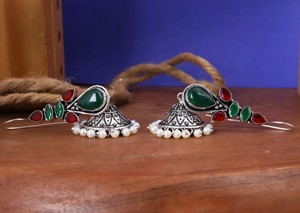 Trusted Supplier Bohemian Ethnic Water <b>Drop</b> Dangle Jhumka <b>Earrings</b> Bezel Setting Brass Antique Silver-Plated Jade <b>Red</b> Stones - Product Image 4