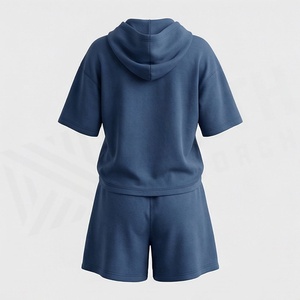 Conjunto de 2 Piezas para Mujer, Sudadera con Capucha y Pantalones Cortos, Color Sólido, Manga Corta, Corte Holgado, Informal, de Algodón, Sudadera y Pantalones Cortos por Encima de la Rodilla, Primavera Verano - Product Image 2
