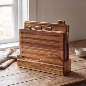 Ensemble de planches à découper en bois d'acacia avec icônes alimentaires étiquetées, 4 pièces, support pour planches à découper, rainure pour jus, passe au lave-vaisselle, écologique - Product Image 6