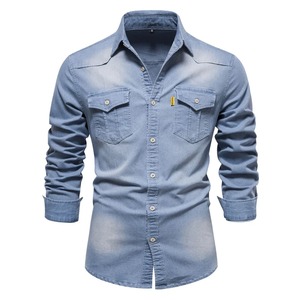 Chemise en jean pour homme, coupe classique, 100% polyester, couleur unie, manches longues, col rabattu, style décontracté streetwear, écologique - Product Image 4
