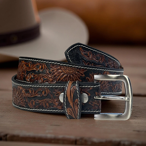 Stylish Hand Carved Floral Embossed Men Women Brown Western Leather <b>Tooling</b> <b>Belt</b> Custom sizes with Single Pin Metal Buckle - Product Image 2