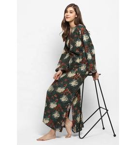 Vestido de noche verde oscuro hasta el suelo rojo marfil estampado Floral bloque de mano estampado manga larga cómodo algodón suave Natural - Product Image 1