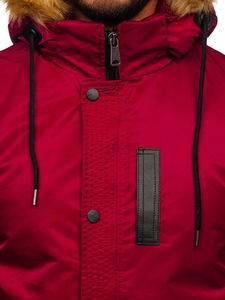 Blouson bomber rouge pour homme avec capuche en fourrure, coupe-vent, hiver, décontracté, rembourrage en polyester épais, coupe régulière, couleur unie - Product Image 6