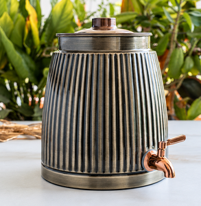 Antique Metal Water <b>Dispenser</b> with Copper Tap and Lid | Ribbed Decorative Beverage <b>Dispenser</b> for Home Kitchen Dining - Product Image 2