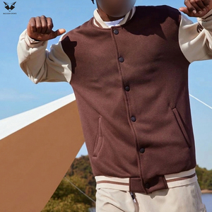 OEM ODM Men's Brown Varsity Jacket Fleece Cotton Blend Casual Button Front Regular Fit Autumn Outerwear For Wholesale Rate - Product Image 3