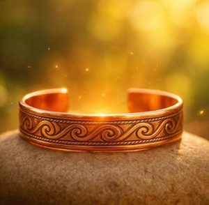 Pure Copper Open Cuff <b>Bangle</b> Bracelet <b>Engraved</b> Ocean Wave Water Scroll Motif Solid Copper Adjustable Wristband Unisex Ayurvedic - Product Image 1