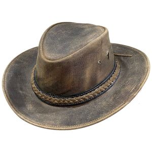 Real Leather Cowboy <b>Hats</b> Western Cattleman Style Light Brown Braided Band Vintage XXL Mens Leather <b>Hats</b> Wholesale - Product Image 1