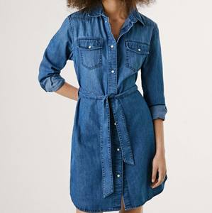 Logo personnalisé écologique tissé dentelle Denim chemise Robe femmes décontracté bouton sans manches mode vente en gros fabricant de vêtements - Product Image 3