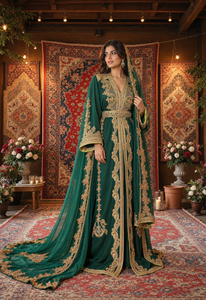 Caftan marocain Mishkat Couture en velours prune vert émeraude, maxi, manches longues, élégant, pour soirée, hiver, col en V, ourlet évasé - Product Image 6