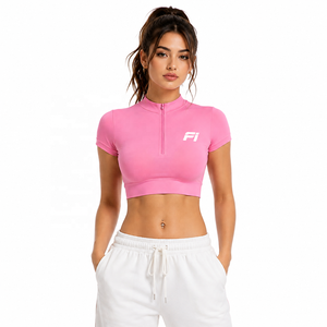 Women's Half Zip Crop Top Short Sleeve Slim Fit <b>Stretch</b> Active Casual Fashion Shirt Soft Fabric Custom Logo Tee women's shirt - Product Image 1