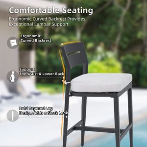 Modernos taburetes de bar de 2 piezas para patio exterior, de aluminio con respaldo ergonómico Sunbrella negro, patas cónicas y reposapiés - Product Image 5