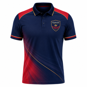 Camiseta Deportiva de Manga Corta para Hombre Riverview Sports Club, Degradado Azul Marino y Rojo, Transpirable, de Secado Rápido, Diseño Deportivo Informal, Logotipo Frontal - Product Image 1