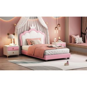Letto a piattaforma singolo bianco e rosa con testiera e pediera a corona, letto imbottito per bambini stile principessa - Product Image 4