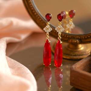 Art Deco Garnet Earrings 925 Sterling <b>Silver</b> 14K Gold Plated Ruby Dangle Earrings Vintage Red Birthday Gift For Women - Product Image 5
