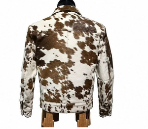 Veste en cuir pour homme à motif vache, en cuir de vachette, avec fermeture éclair, coupe classique, pour l'hiver, style décontracté, marron et blanc, imprimé animal, avec fourrure - Product Image 3