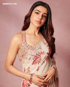 Proveedor de conjuntos de sari y blusa de georgette de primera calidad para fiestas, con estampados florales, bordados con lentejuelas y trabajo con espejos, de la India. - Product Image 2