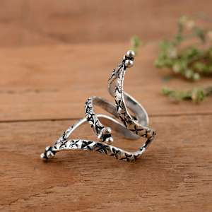 Handmade 925 Sterling <b>Silver</b> Floral Chevron Swan Neck Splint <b>Ring</b> Oxidized Flower Design <b>Adjustable</b> Joint Support for PIP & DIP - Product Image 4