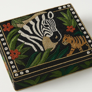 Luxury Handmade Embroidered Bangle Beaded Tiger Design Jewelry Storage <b>Box</b> Premium Bead Thread Work High-End Artisan - Product Image 3