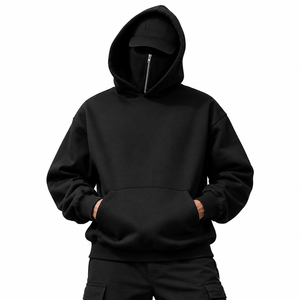 Sweat-shirt à capuche noir coupe oversize, manches classiques, couleur unie, décontracté, en molleton de coton, pour l'automne - Product Image 1