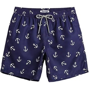 Refemago Men's Navy Striped 100% Polyester Board Shorts Quick Dry Drawstring Waist Pockets Casual Swimwear - Product Image 1