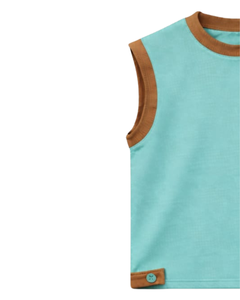 Conjunto de Top sin Mangas y Pantalones Cortos en Contraste Turquesa y Marrón para Hombre, Atuendo Casual de Verano, Cintura con Cordón, Mezcla de Algodón Transpirable y Cómodo - Product Image 3