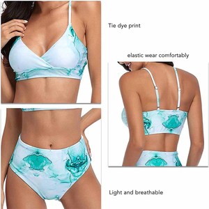 Best Selling Two Piece Bikini Set for Ladies Solid High Waist Stretch Fabric <b>Crossed</b> Halter <b>Top</b> Swimwear Front Logo - Product Image 4