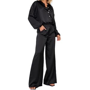 ชุดเซ็ตสองชิ้นผ้าซาตินสุดเก๋สำหรับฤดูใบไม้ผลิและฤดูใบไม้ร่วง เสื้อครอปไหล่ตกและกางเกงขายาวทรงกว้างสำหรับผู้หญิง รุ่นปี 2026 - Product Image 2