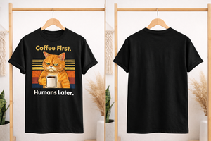 T-shirt en coton imprimé personnalisé avec motif drôle de chat et de café, unisexe, décontracté, à manches courtes, vente en gros, vêtements OEM ODM - Product Image 2