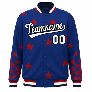 Custom Blue Varsity <b>Jacket</b> With <b>Red</b> Stars Print Men's Preppy Style Baseball <b>Jacket</b> Personalized Name And Number Autumn Wear - Product Image 2