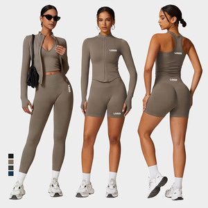 Gray Racerback Yoga Set High Waist <b>Leggings</b> Shorts Seamless 2 Piece Activewear Solid Color <b>Crop</b> Top Full Sleeve - Product Image 2