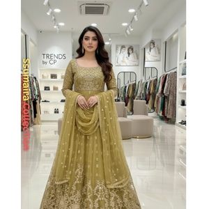 Vestido Largo Anarkali de Lujo con Bordado Naranja, Estilo Pakistaní, para Fiestas/Bodas, con Cuello Cuadrado y Decoración Zari, Especial para Eid - Product Image 5