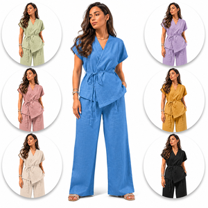 Vêtements de détente en lin pour femmes, ensemble pantalon large taille haute, haut décontracté à col en V, ensemble coordonné assorti, vêtements en lin de luxe, cadeau - Product Image 4