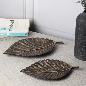 Plateaux décoratifs en forme de feuille, laiton, finition antique patinée, 2 pièces, design rustique végétal - Product Image 6