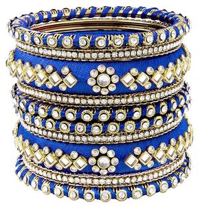 Brazaletes Étnicos de Hilo de Seda Azul con Incrustaciones de Kundan, Chapados en Oro de 18K, Hechos a Mano, Joyería de Moda para Mujeres y Niñas, Ideales para Fiestas - Product Image 1