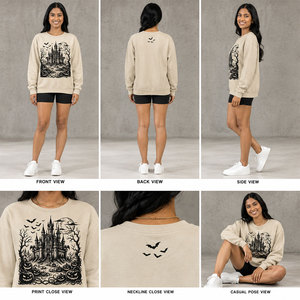 Sweat-shirt imprimé Château Effrayant pour Femme, Col Rond, Épaules Tombantes, Pull Décontracté à Manches Longues pour l'Automne, Service OEM - Product Image 6