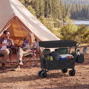 Black <b>Foldable</b> Utility <b>Wagon</b> with Adjustable Handle Puncture-Proof Wheels Brakes Removable Side Pockets for Outdoor Camping Cart - Product Image 3