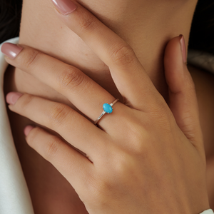 Latest Classic Style Oval Shape <b>Turquoise</b> & Round Cut Diamond Minimal <b>Ring</b> Simple 14K Pure White Gold Customized Bulk Jewelry - Product Image 4