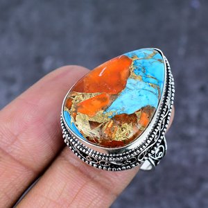 Bague de cocktail bohème plaquée argent 925 avec incrustation de pierre d'huître épineuse créée en laboratoire en forme de poire, sertie en canal, bijou unisexe, cadeau, Mai - Product Image 3