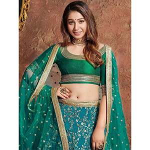 Green Embroidered Silk A-Line Plus Size Bridesmaid <b>Lehenga</b> Choli with Ruffles - Product Image 3