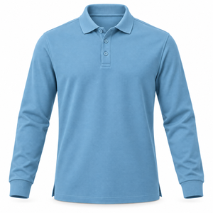 Men's <b>Long</b> <b>Sleeve</b> Polo Shirt <b>Light</b> <b>Blue</b> Solid Color Knitted Collar Casual <b>Top</b> 100% Cotton 220 GSM - Product Image 4