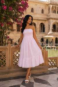 Women Light Pink Strapless Summer <b>Dress</b> Shoulder Smocked Midi Sundress Casual Beach <b>Ruffle</b> Holiday Striped Bohemian 100% Cotton - Product Image 2